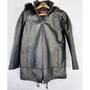 Marc Mattis Leather Jacket Coat Hooded Fur Trim Lined Zip Up Women's M